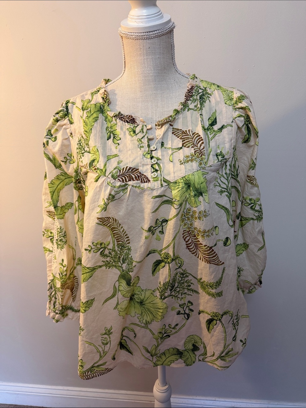 Talbots Cream Peasant Blouse with Green Botanical Print